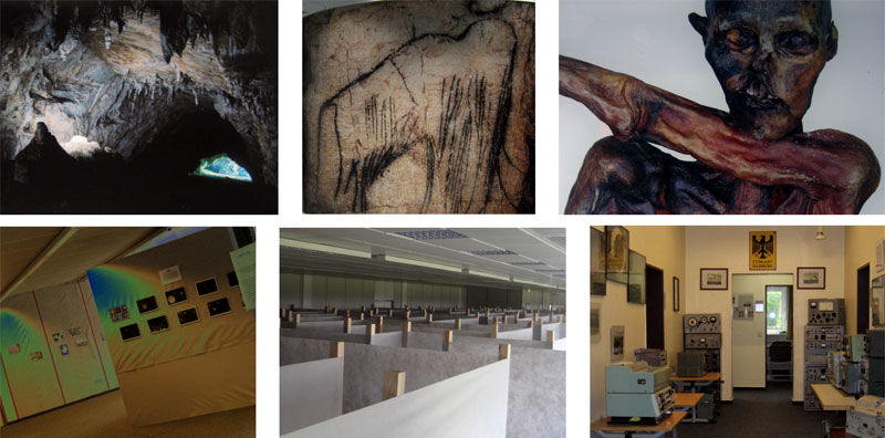 Aufnahmen aus den aktuellen Noordway-Ausstellungen: Höhlenmalereien, Ötzi, Geisteswelten, Labyrinth und Funktechnisches Museum. (Foto: Noordway GmbH)